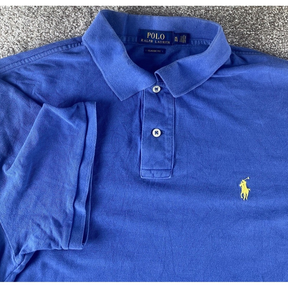 Polo Ralph Lauren Solid Blue Polo Shirt Mens XL Yellow Pony Cotton Preppy Work